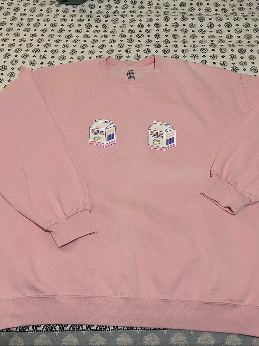 The Little Milk Bar “Milk Maker” Pink Sweatshirt with Milk Carton Graphic